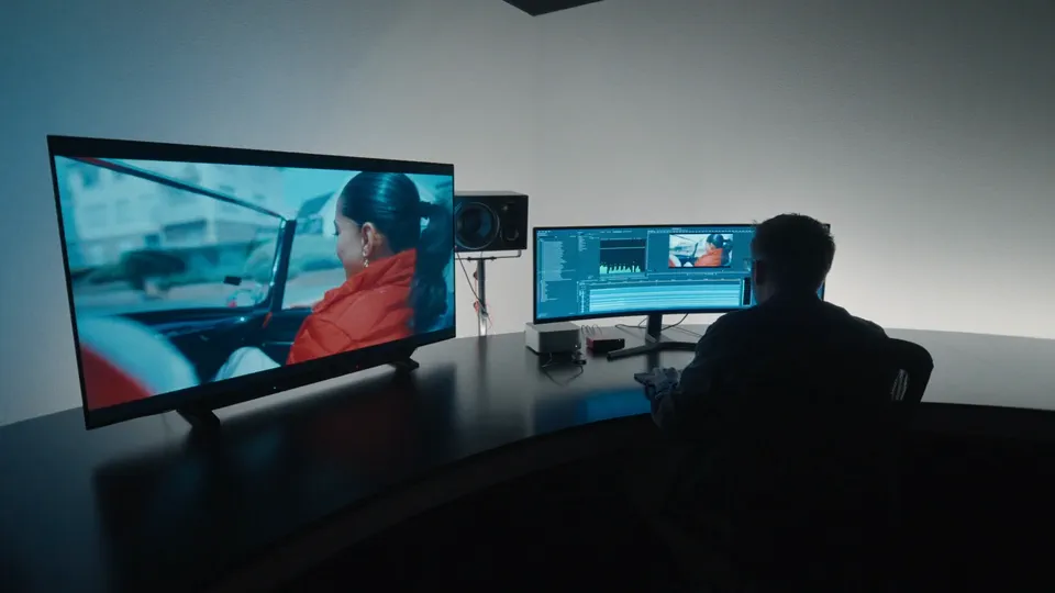Edit suite with a Mac workstation and a large viewing screen